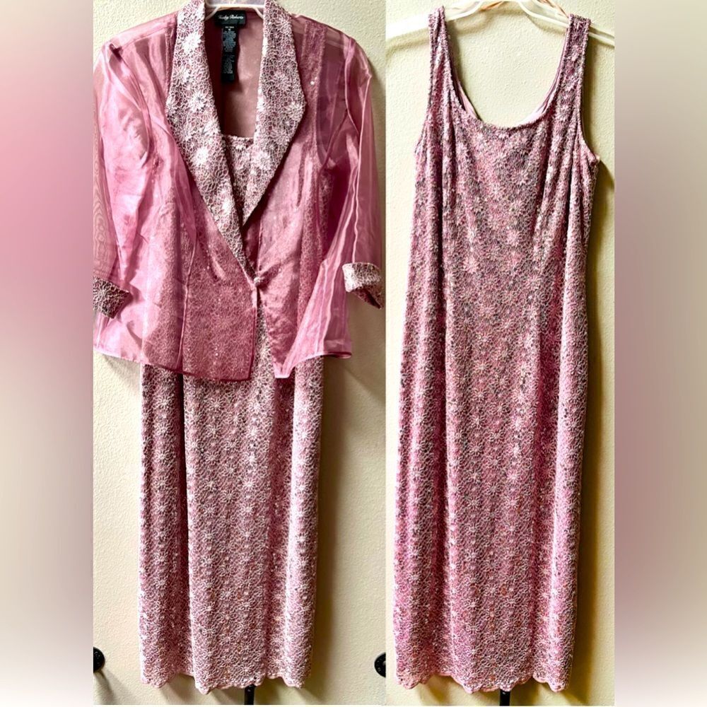 KATHY ROBERTS WOMENS 2 PIECE SHIMMERY LILAC LACE TANK DRESS W/JACKET SZE 16